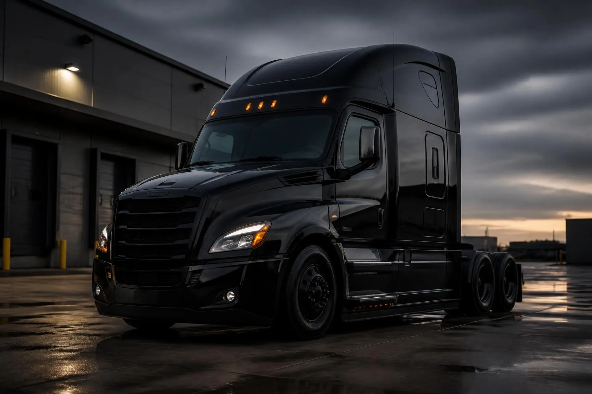 Black semi truck parked at an industrial yard in Dallas-Fort Worth
